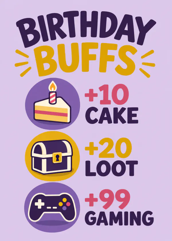 Birthday Buffs - gaming birthday card by Gamerly