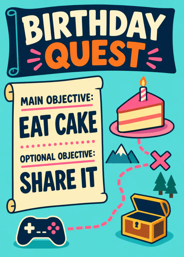 Birthday Quest: Eat Cake - gaming birthday card by Gamerly