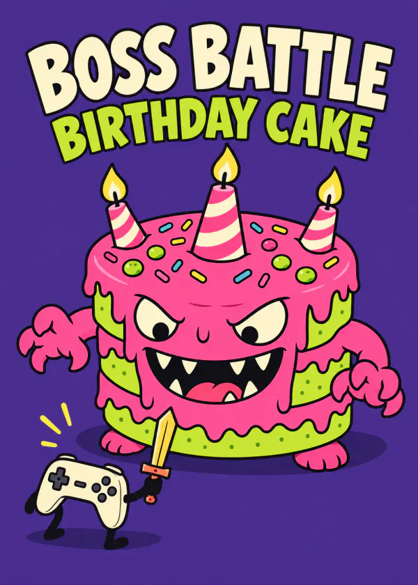 Boss Battle: Birthday Cake - gaming birthday card by Gamerly