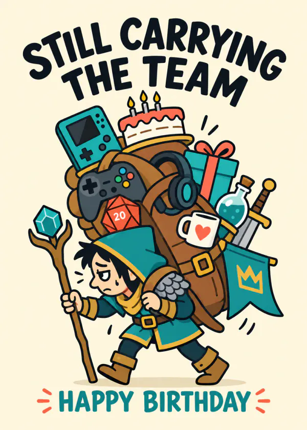 Still Carrying the Team - gaming birthday card by Gamerly