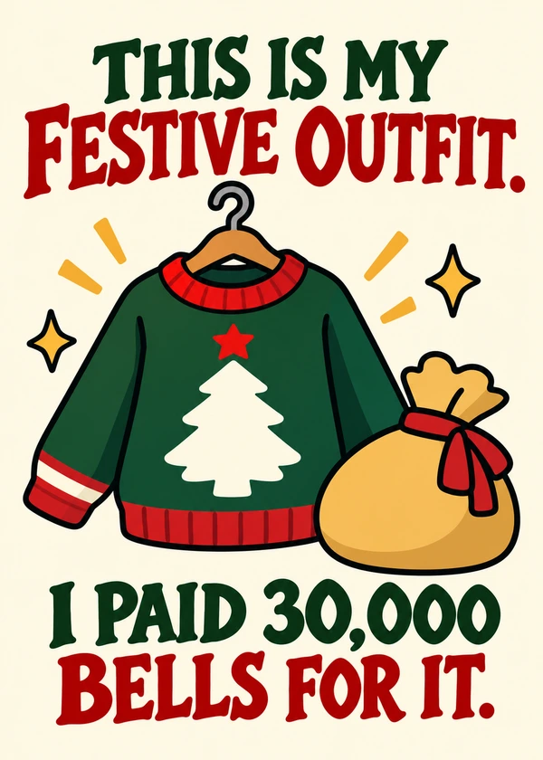 The 30,000 Bell Christmas Outfit - gaming Christmas card by Gamerly