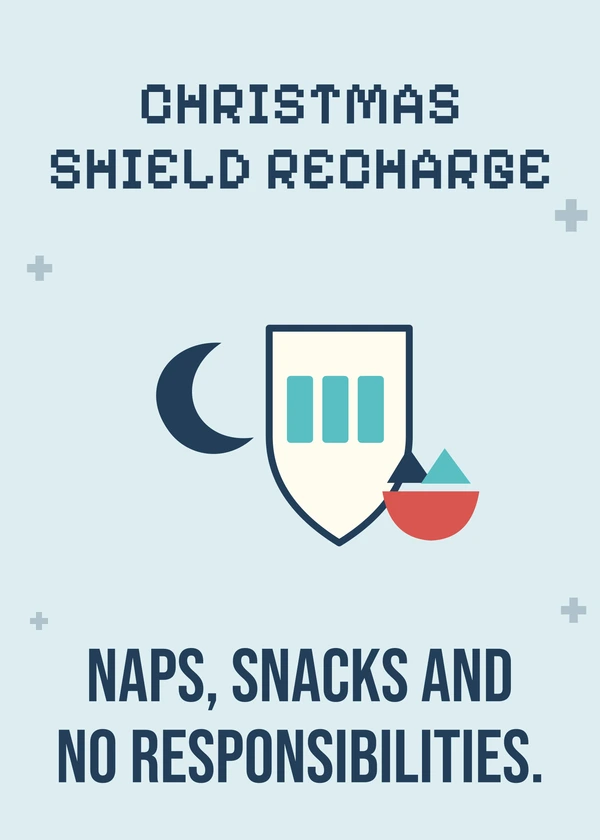 Christmas Shield Recharge - gaming Christmas card by Gamerly