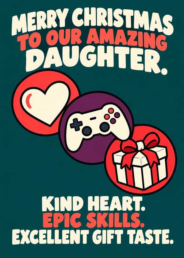 Kind Heart, Epic Skills Christmas Card for Daughter - gaming Christmas card by Gamerly