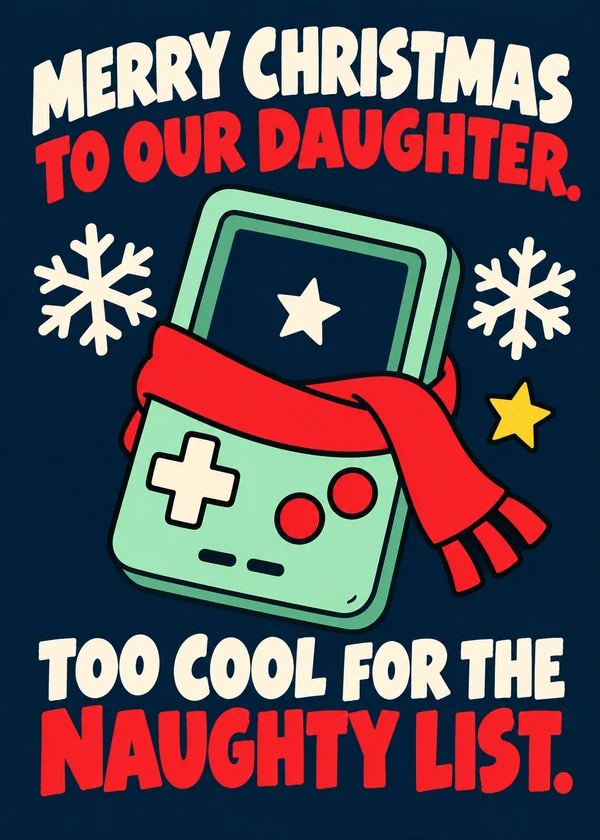 Too Cool for the Naughty List Christmas Card for Daughter - gaming Christmas card by Gamerly