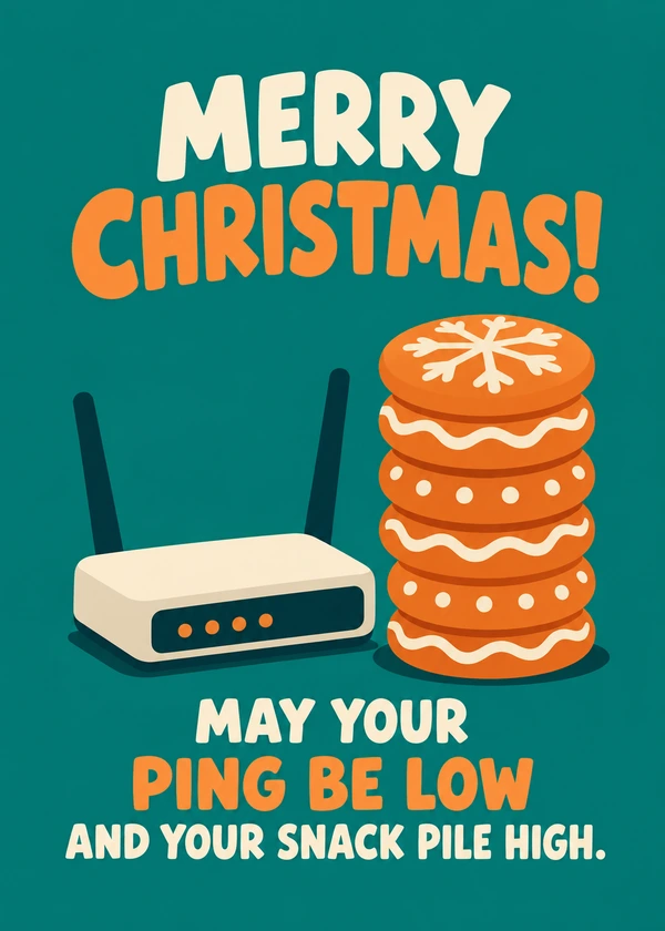 Low Ping High Snacks - gaming Christmas card by Gamerly