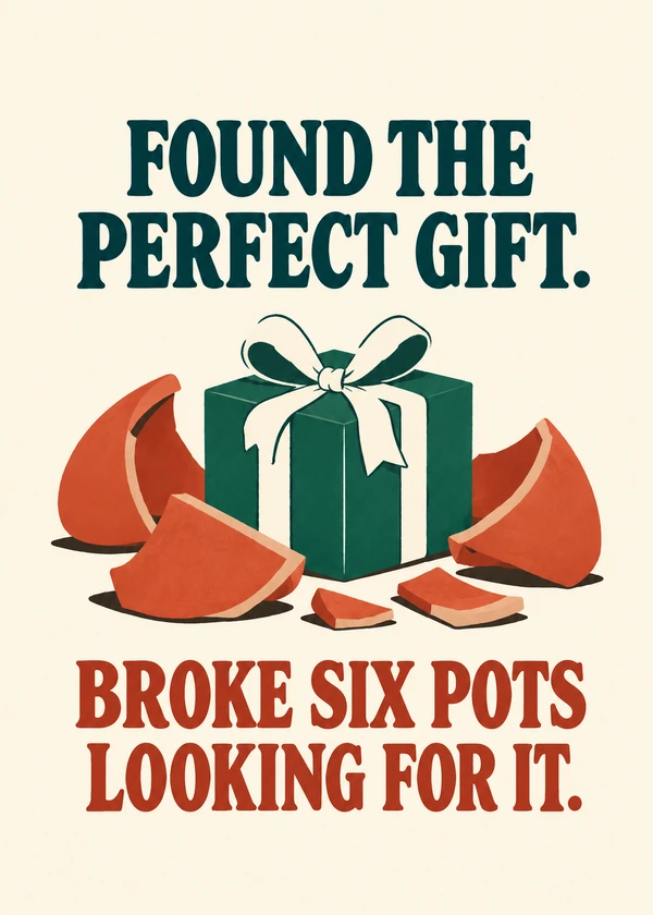 Perfect Gift Six Broken Pots - gaming Christmas card by Gamerly