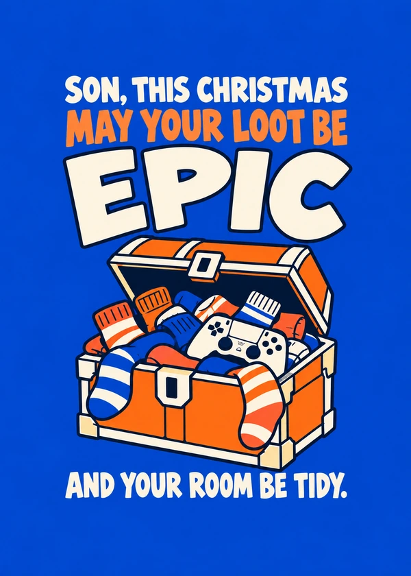 Son Epic Loot Tidy Room - gaming Christmas card by Gamerly