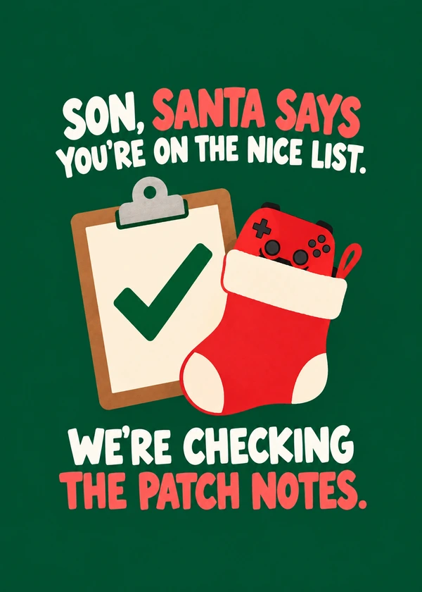 Son Nice List Patch Notes - gaming Christmas card by Gamerly