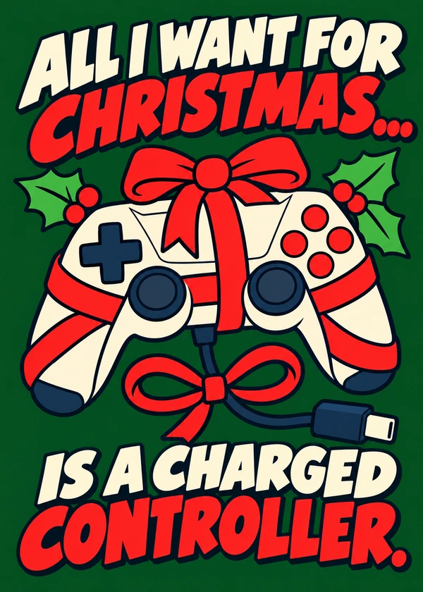 A Charged Controller for Christmas - gaming Christmas card by Gamerly