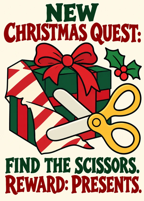 The Christmas Scissors Quest - gaming Christmas card by Gamerly