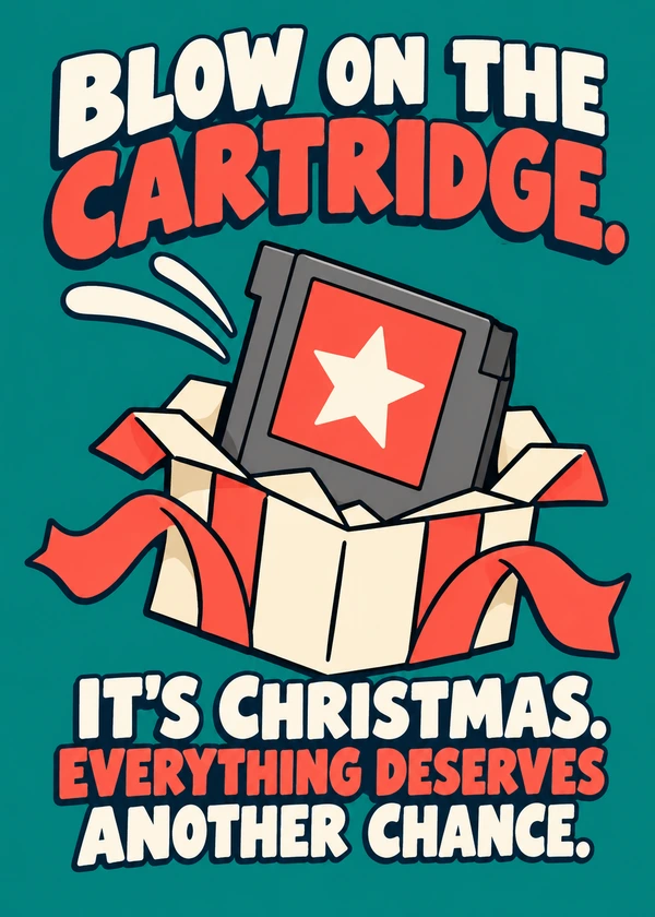 The Christmas Cartridge Revival - gaming Christmas card by Gamerly