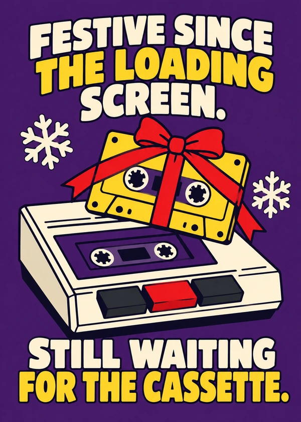 Still Waiting for the Christmas Cassette - gaming Christmas card by Gamerly