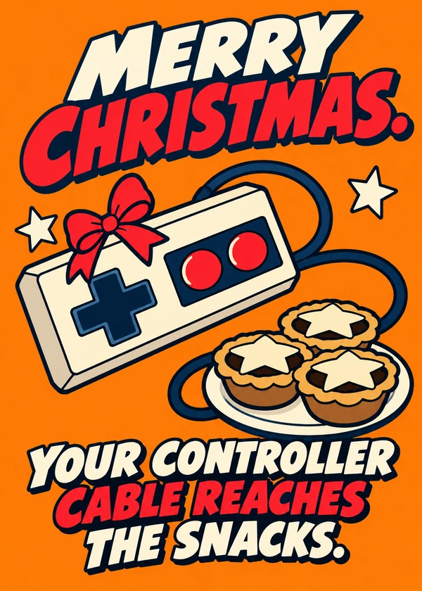The Cable Reaches the Snacks - gaming Christmas card by Gamerly