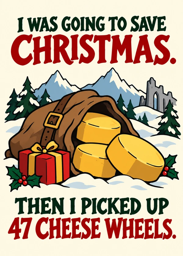 The Christmas Cheese Quest - gaming Christmas card by Gamerly
