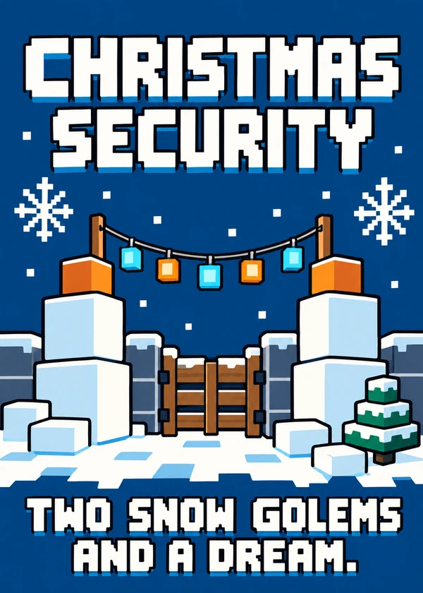 Snow Golem Security - gaming Christmas card by Gamerly