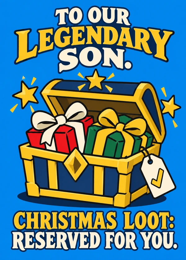 Legendary Christmas Loot for Son - gaming Christmas card by Gamerly