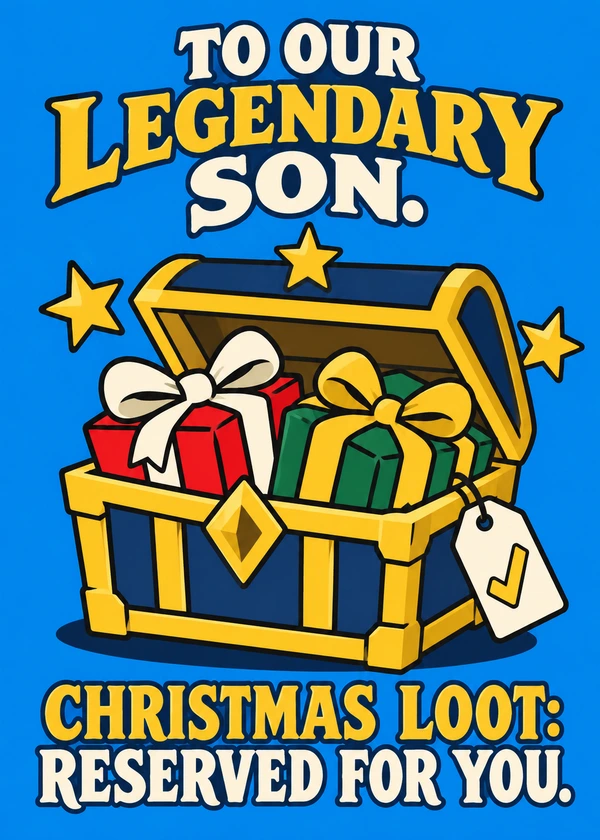 Legendary Christmas Loot for Son - gaming Christmas card by Gamerly