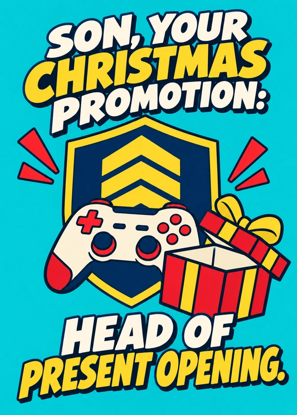 Head of Present Opening Christmas Card for Son - gaming Christmas card by Gamerly