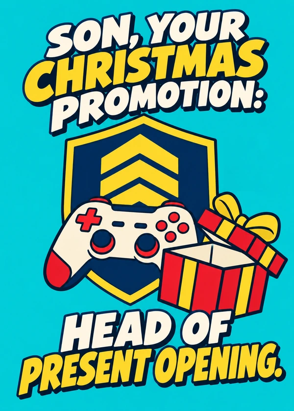 Head of Present Opening Christmas Card for Son - gaming Christmas card by Gamerly
