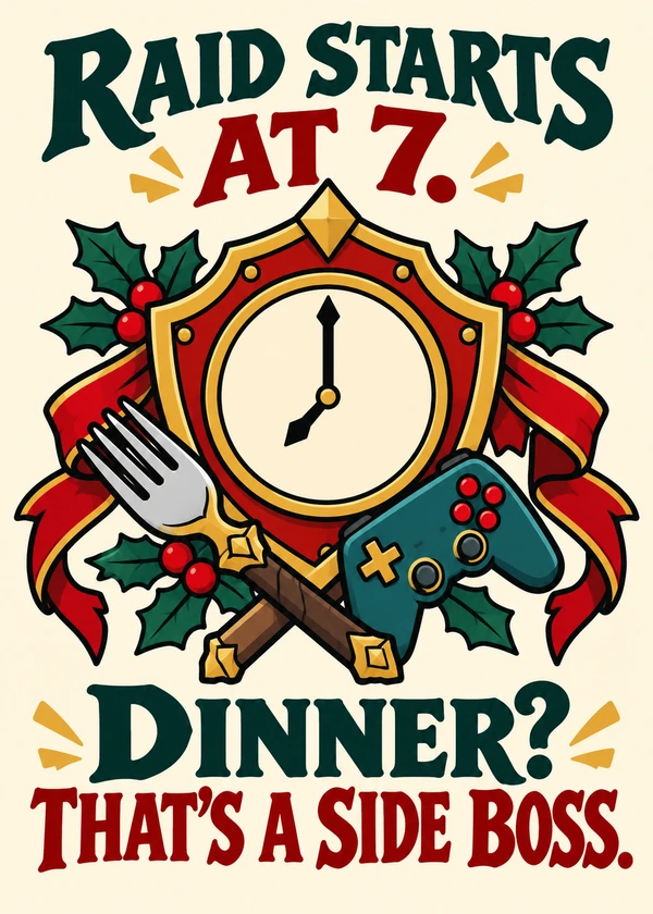 Dinner Is a Side Boss - gaming Christmas card by Gamerly