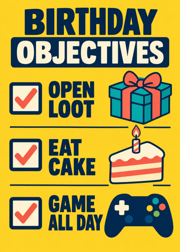 Birthday Objectives - gaming birthday card by Gamerly