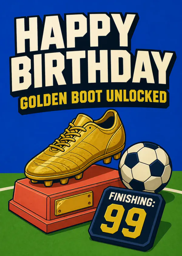 Golden Boot Unlocked - gaming birthday card by Gamerly